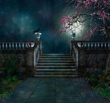 macabre park with a crow at nightの写真素材