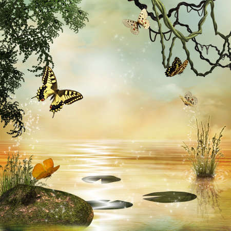 Some butterflies flying over a magic pondの写真素材