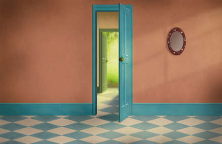 old house with pattern floor and open doorsの写真素材