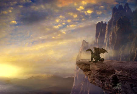 Dragon on the rock in the sunset. 3D renderingの写真素材