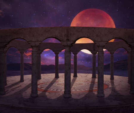 fantastic old temple illuminated by a big full moon at nightの写真素材