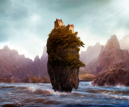 Photomanipulation of an fantastic island with an old castle on the top.の写真素材