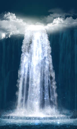 View od a fantasy waterfall at night. Photomanipulationの写真素材