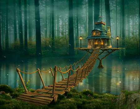Fairy house on the river and wooden bridge. Photomanipulation. 3D redering.の写真素材