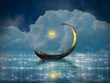 Fantasy boat in a starry night. 3D renderingの写真素材