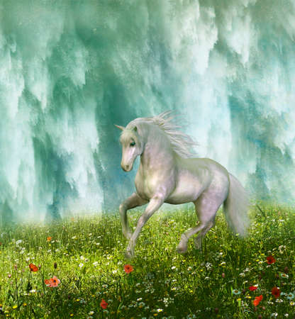 White horse running through the prairie and waterfall in the background. 3D renderingの写真素材