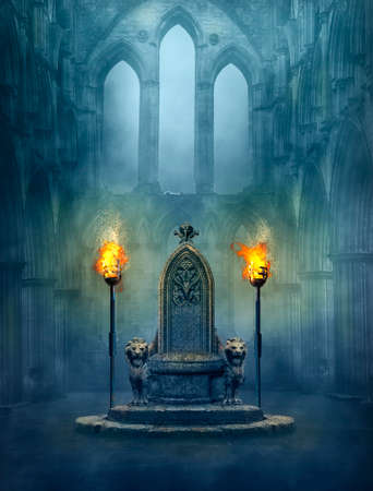 Fantasy medieval scene with a throne and tourches. Photomanipulation.の写真素材