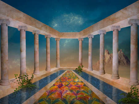 Fantasy garden with fountain and columns. 3D redering.の写真素材