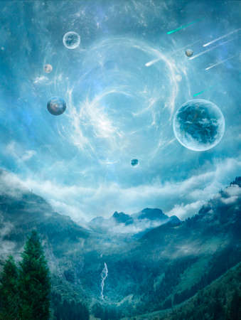 Fantasy landscape with planets and nebulas. 3D rendering. Photomanipulation.の写真素材