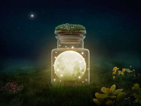 Fantasy moon inside a bottle at night. Photomanipulation. 3Dの写真素材