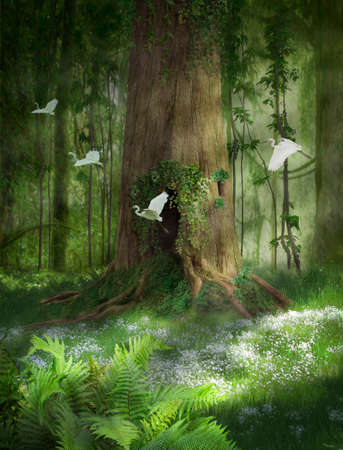 Big tree with hole in the forest and egrets flying. Photo manipulation. 3d renderingの写真素材