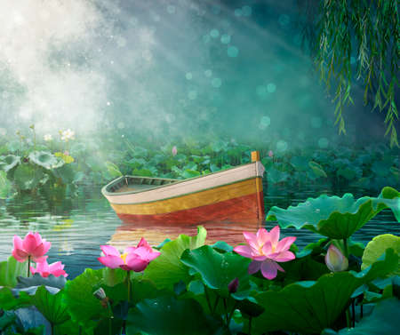 Boat in a fantasy river with lotus plants.Photomanipulation. Illustration.の写真素材