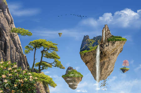 Fantasy landscape with floating islands in a beautiful day. Photomanipulation, illustration, 3D.の写真素材