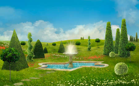 Fantastic park with a marble fountain and trees in a beautiful dayの写真素材