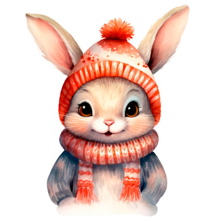 Cute cartoon bunny in winter hat and scarf. Watercolor illustration.の素材