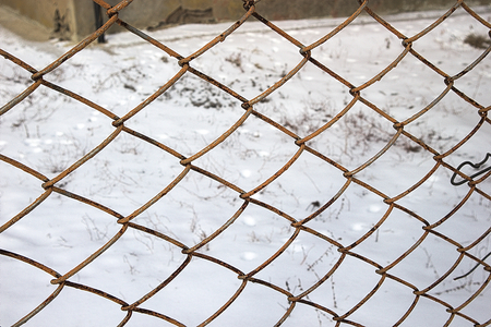 Rusty fence mesh in the winterの写真素材