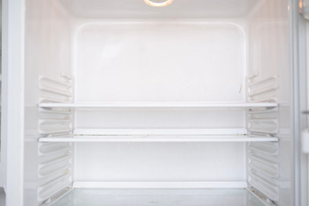 An empty fridge shelf stands in the kitchen