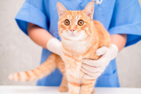 Veterinarian in blue suit with ginger cat.