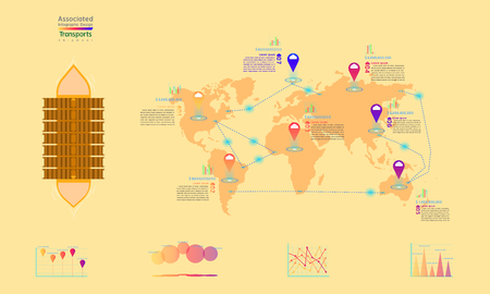 shipment transports associated company factory world map mark point infographic design with summary graph chart data egg tone vector illustration eps10のイラスト素材