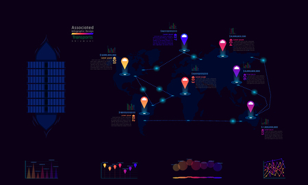 shipment transports associated company factory world map mark point infographic design with summary graph chart data vector illustration eps10のイラスト素材