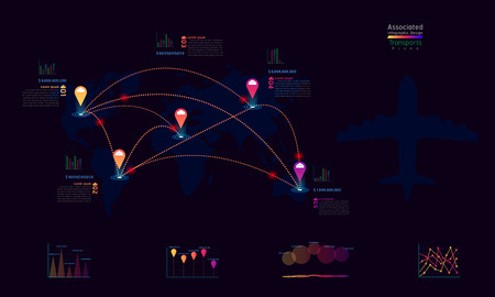 palne transports associated company factory world map mark point infographic design with summary graph chart data vector illustration eps10のイラスト素材