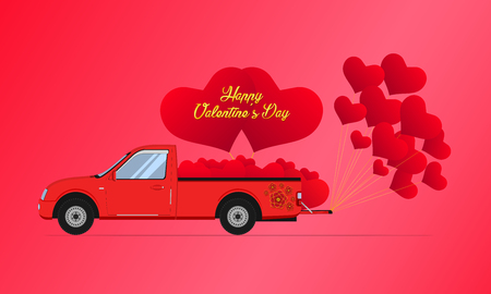 happy valentines day gold. red pickup truck car carry floating heart. vector illustration eps10のイラスト素材
