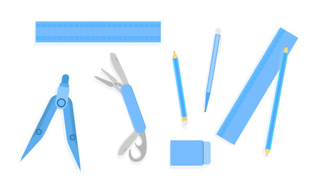 ruler pencil pen eraser compasses pocket knife basket blue tone vector illustration eps10のイラスト素材