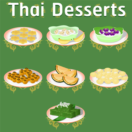 thai khanom desserts sweet sugar tasty tub tim banana coconut delicious chestnut homemade vector download now illustrationのイラスト素材