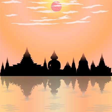 loy krathong festival temple silhouette buddha culture moon asia thailand night river siam sky religion vector illustrationのイラスト素材