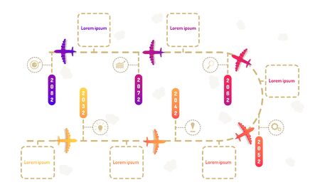 plane flying roadmap timeline elements with markpoint graph think search gear target icons. vector illustration eps10のイラスト素材