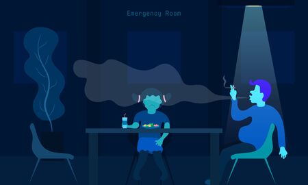 world no tobacco day. why daddy smoking when i eat some food. your children say. dinner in emergency room with my father.  vector illustration eps10のイラスト素材