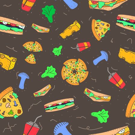 pattern seamless set of fast food and drink. no line shape flat pastel color design vintage style. vector illustrationのイラスト素材