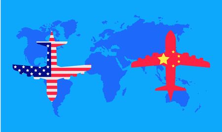 trade war. plane transports associated company factory world map. vector illustrationのイラスト素材