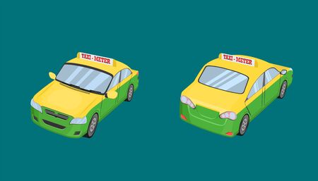 3d thai taxi cap car front back side view transport service passenger vehicle type yellow green vector illustration eps10のイラスト素材