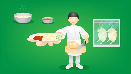 a man stand showing a dish of rice steamed with chicken soup. thailand food. character design. vector illustrationのイラスト素材