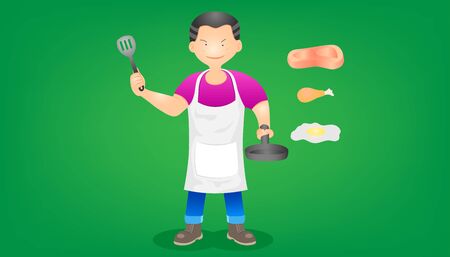 set of the merchant meat chicken and egg omelet. a mant stand showing a pan and spatula. character design. vector illustration eps10のイラスト素材