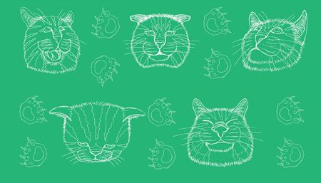 line sketch of different element cat head funny and cute emotion and footprint. vector illustration eps10のイラスト素材