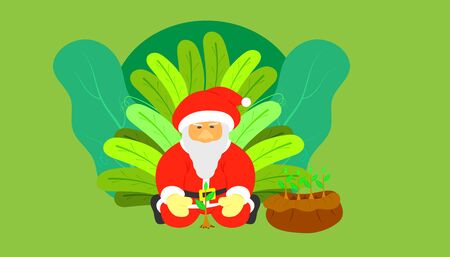 santa claus flat cartoon planing a tree for giving people gift proteced hot planet on merry christmas holiday. leaf background. vector illustration eps10.のイラスト素材