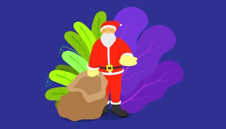 santa claus flat cartoon standing action pose for giving the present gift on left hand on merry christmas holiday. leaf background. vector illustration eps10.のイラスト素材