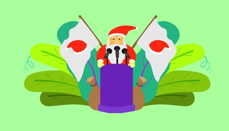 merry christmas boss is santa claus flat cartoon make a speech announcement on platform. leaf background. vector illustration eps10.のイラスト素材