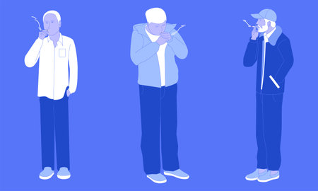 three man stand and smoking with difference pose. vector illustration.