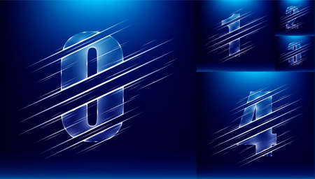 set of abstract fast speed luxury glass number character from zero to four and blue color background.  vector illustrationのイラスト素材