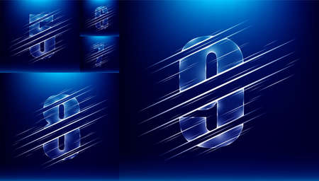 set of abstract fast speed luxury glass number character from five to nine and blue color background.  vector illustrationのイラスト素材