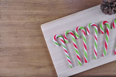 christmas Mint hard candy cookies on wooden backgroundの写真素材