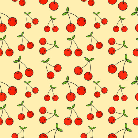 Cherries seamless pattern on yellow background.の写真素材