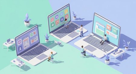 Flat design isometric concept of online education, webinar, video conference, webinar.の素材