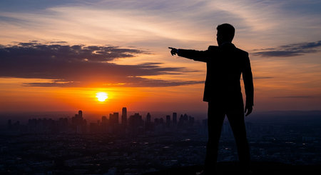 Silhouette of businessman pointing with finger at cityscape at sunsetの素材