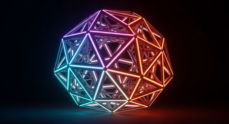 3d rendering of geometric shape with neon light in dark room.の素材