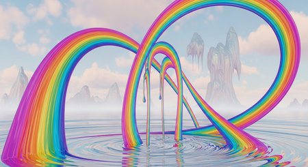 Rainbow in the shape of a heart, 3d render.の素材