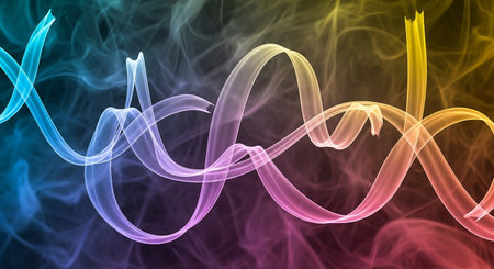 Abstract multicolored smoke in the form of a wave on a dark backgroundの素材